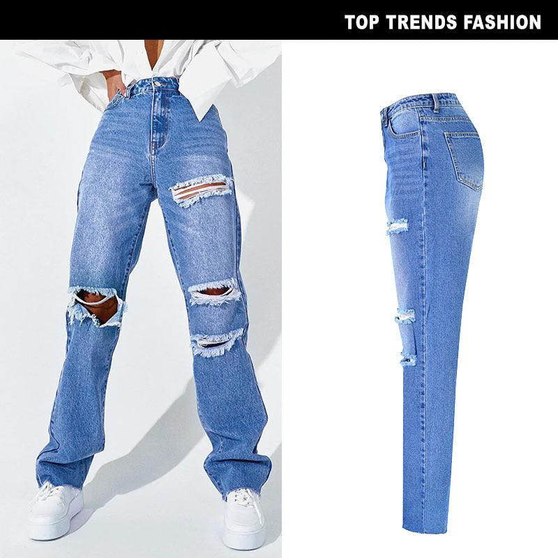 Women's High Waist Straight Jeans Women's Loose Daddy Pants Washed Street Hole Spring and Autumn Carrot Pants