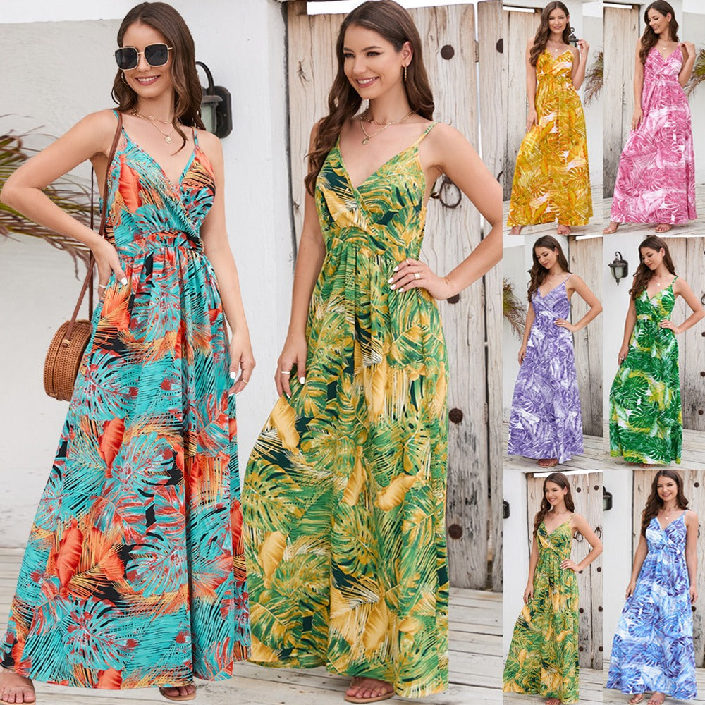 Women's New Bohemian Print Dress Long Sexy V-Neck Halter Dress