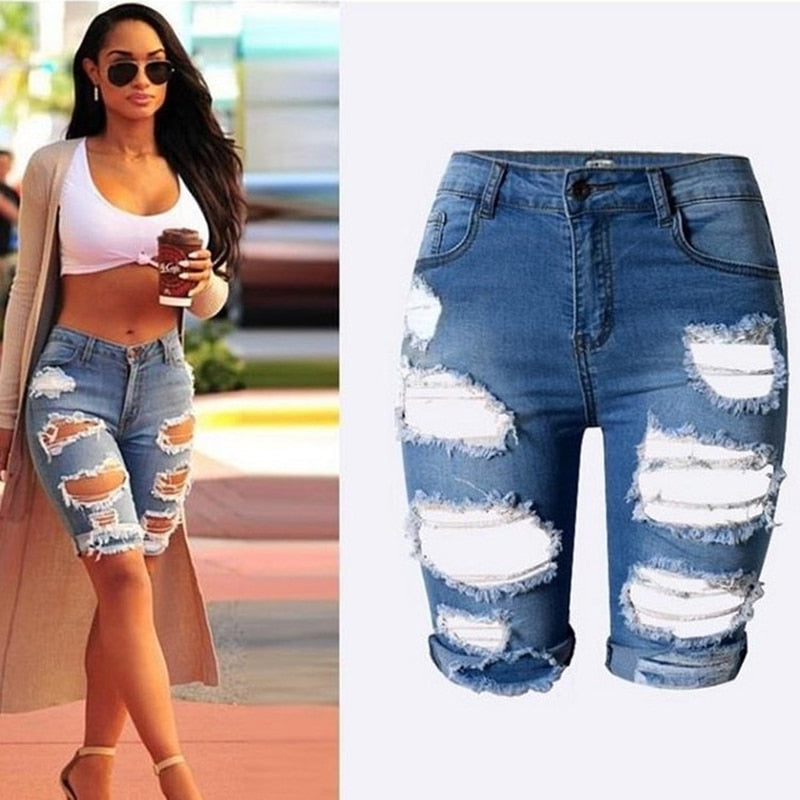 Damen High Waist Sexy Jeans Shorts Fashion Ripped Hole Washed Stretch Denim Shorts Jeans