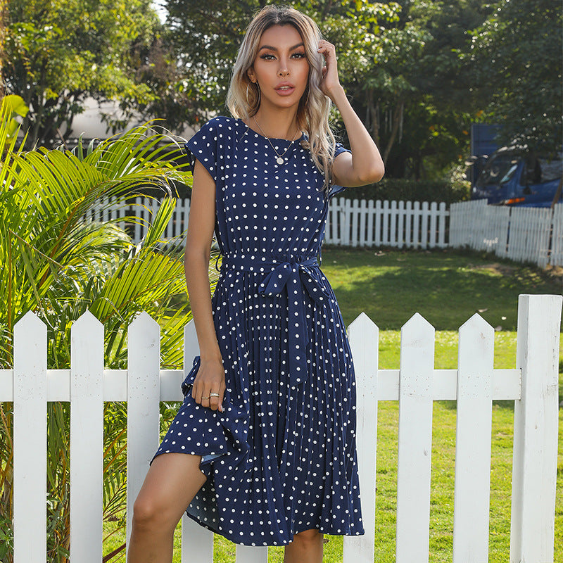 Summer Ladies Midi Dress Short Sleeve Fashion Polka Dot Pleated Dress