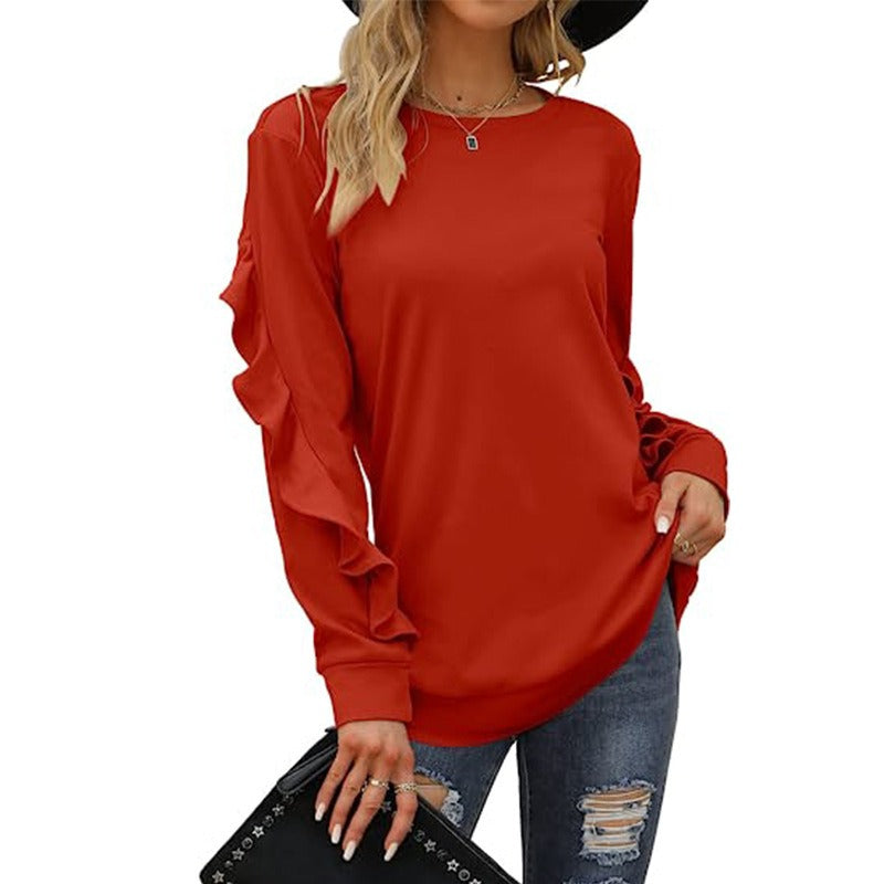 Autumn And Winter New Style Women's Casual Round Neck Sweater Pleated Long Sleeve Blouse