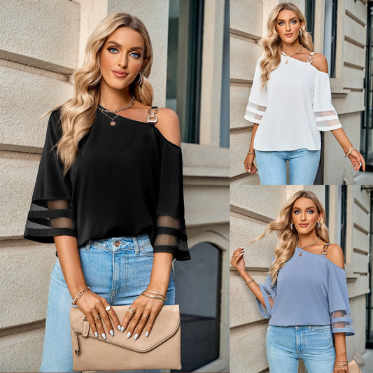 Frühling und Sommer Neue Damen Casual Solid Metal Button One Shoulder Bluse