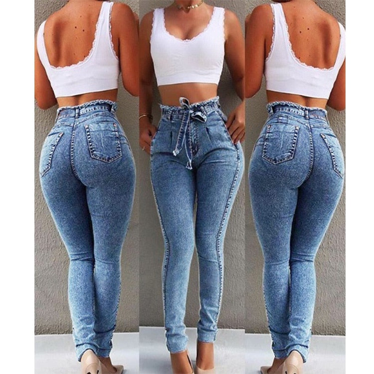 High Waist Jeans Women Streetwear Bandage Denim Plus Size Jeans Femme Pencil Pants Skinny Jeans