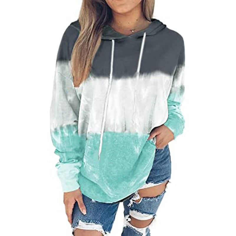 Spring, Autumn and Winter New Women's Top Tie Dyed Hooded Long Sleeve Pocket Guards