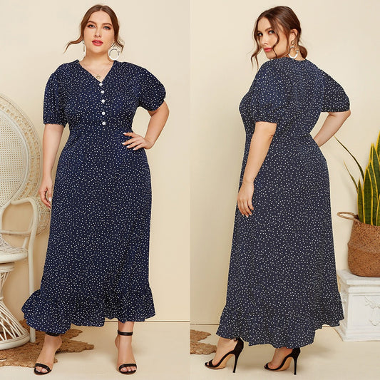 Plus Size Damen Sommer Polka Dot Fashion Kurzarm Plus Fat Long Fashion Dress JR052