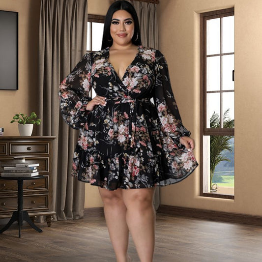 Plus Size Damen Blumendruck ChiffonV Neck Out Langarmkleid