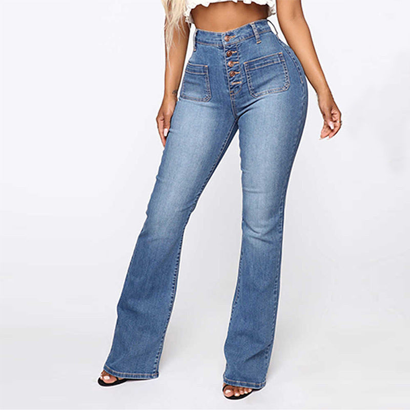 Plus Size Jeans Women Patch Pocket Washed Ladies High Waist Denim Trousers