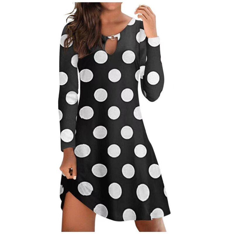 Vintage Dress Autumn New Casual Long Sleeve Round Neck Polka Dot Print Mini Dress Long T shirt Loose A-line Dress