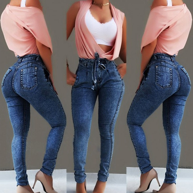 High Waist Jeans Women Streetwear Bandage Denim Plus Size Jeans Femme Pencil Pants Skinny Jeans