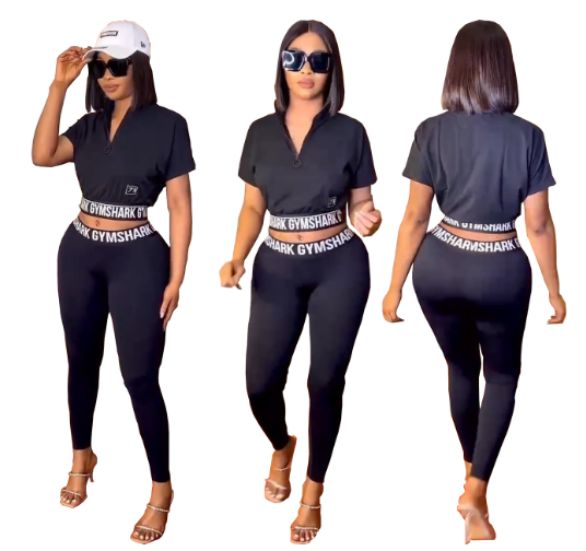 Women's fashion casual printing black two piece set