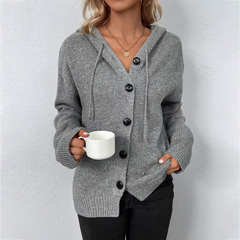 Solid Hooded Single Breasted Sweater Women's New Drawstring Knitted Cardigan Coat