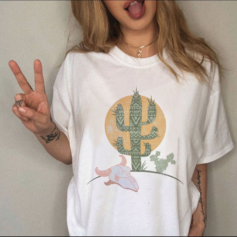 Summer Womens Cartoon Desert Pattern Printing Casual Fashion Slim Round Neck T Shirt Short Sleeve Top Clothes Ins Fashion