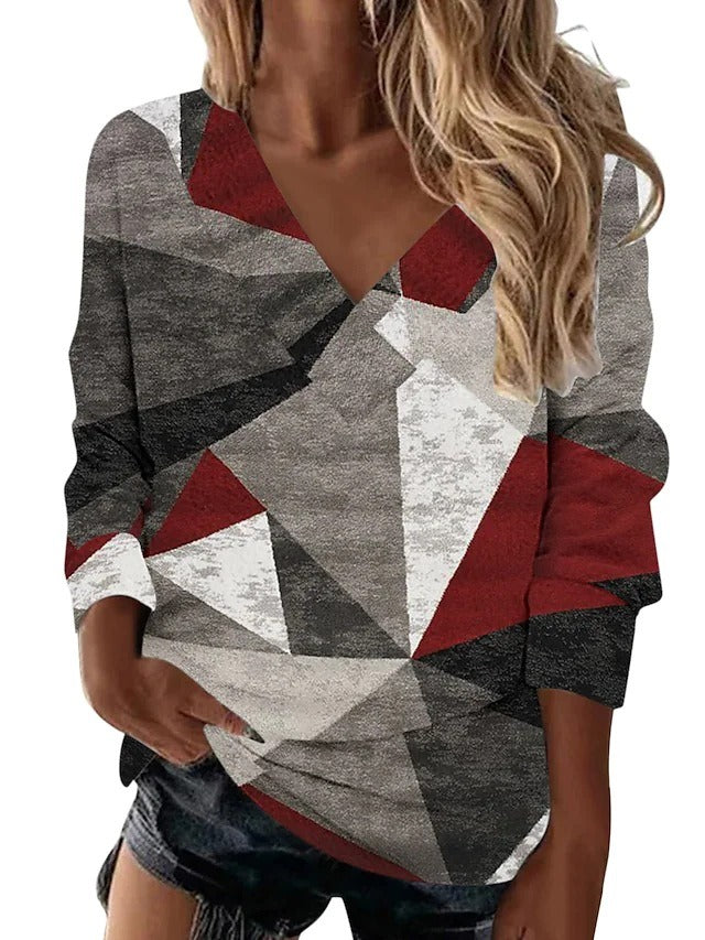 Women's Retro Geometric Printing Ethnic Style V Neck Long Sleeved Loose T Shirt Top For Women