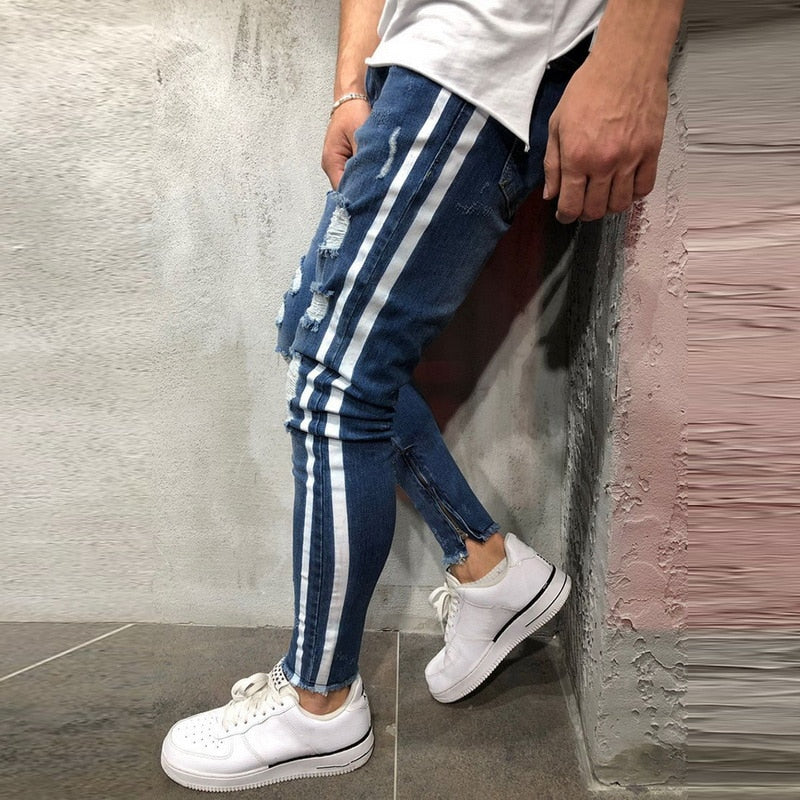 Ripped Side Striped Jeans Fashion Streetwear Herren Skinny Stretch Jeans Hose Slim Casual Denim Jeans Jeans Hombre