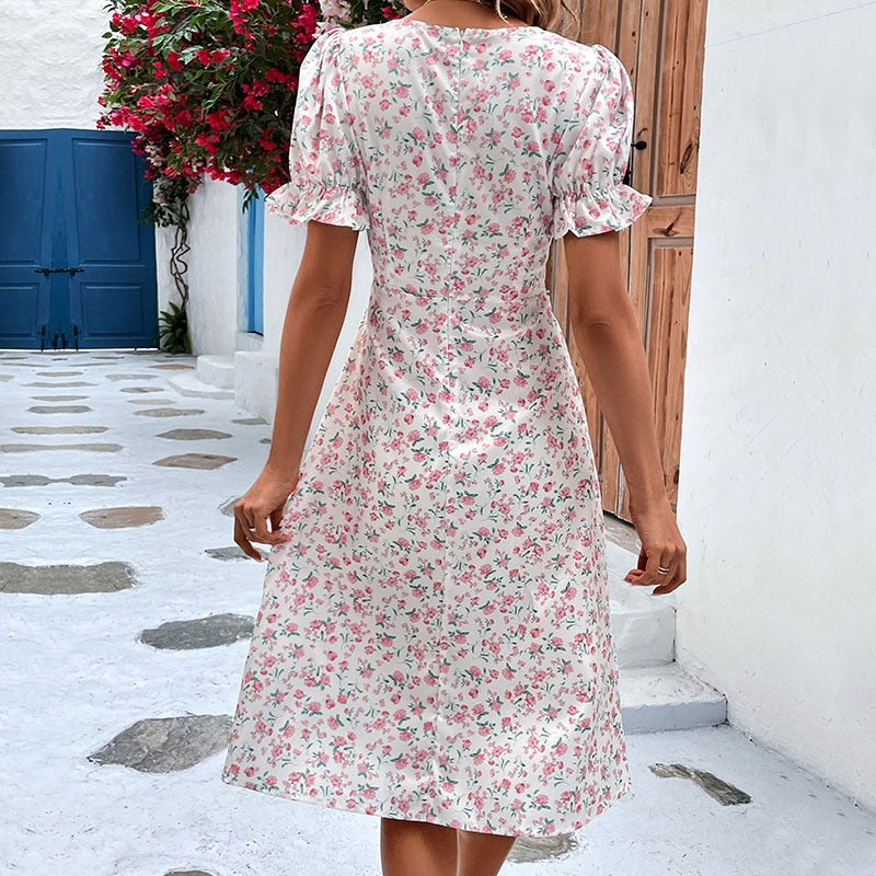 Summer New Fashion Women Slim Temperament Lotus Leaf Sleeve Floral Dress