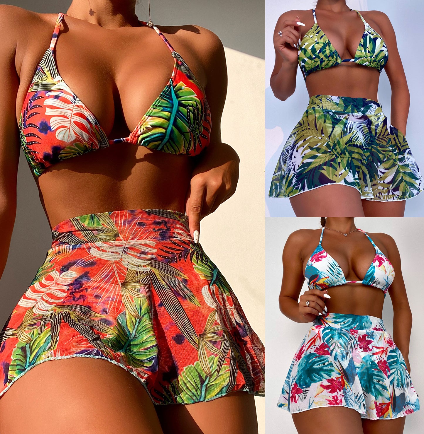 Big Flower Leaf Three Piece Swimsuit Bikini