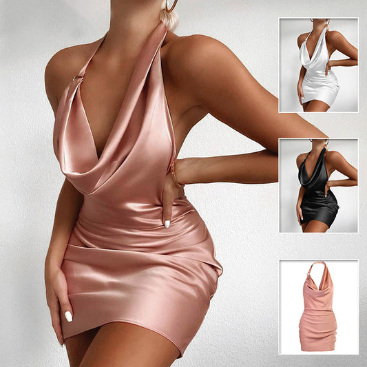 Satin-Partykleid mit V-Ausschnitt, rückenfreiem, ärmellosem Mini-Sommer-Partykleid