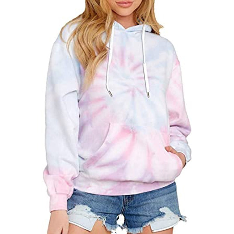 Spring, Autumn and Winter New Women's Top Tie Dyed Hooded Long Sleeve Pocket Guards