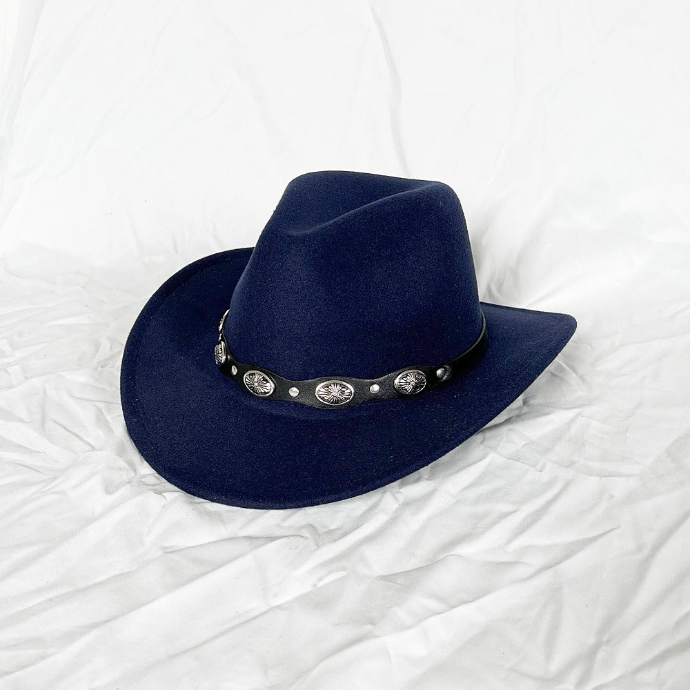 Punk Style Cowboy Top Hat Autumn And Winter Woolen Felt Hat Mens and Womens Jazz Hat British Style Metal Belt Vintage Top Hat