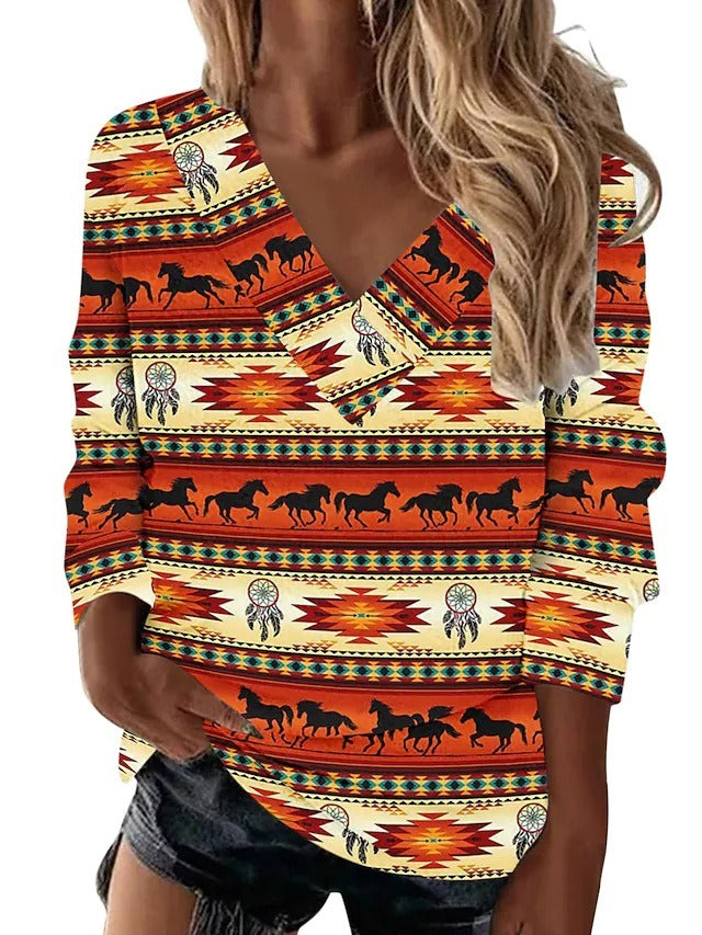 Women's Retro Geometric Printing Ethnic Style V Neck Long Sleeved Loose T Shirt Top For Women