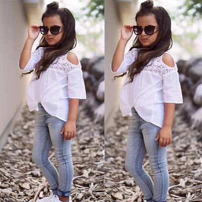 Toddler Baby Kids Girls Summer Lace Tops T-Shirt+Denim Jeans Pants Outfits Set