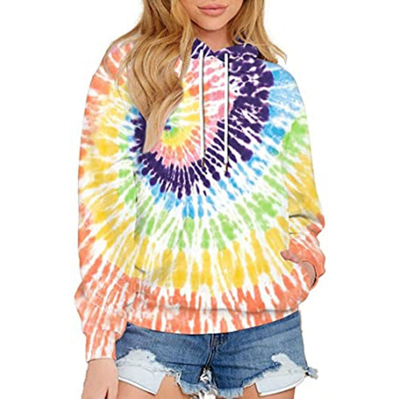 Spring, Autumn and Winter New Women's Top Tie Dyed Hooded Long Sleeve Pocket Guards