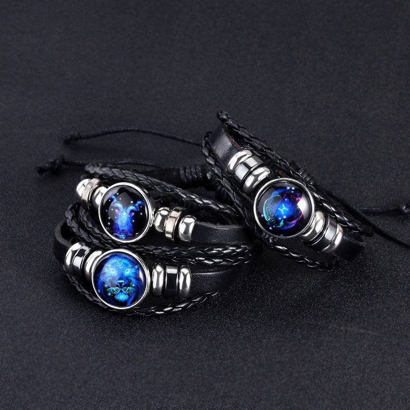 12 Constellations Beaded Glow Leather Bracelet Glass Alloy Multilayer Handwoven 12 Constellations Bracelet