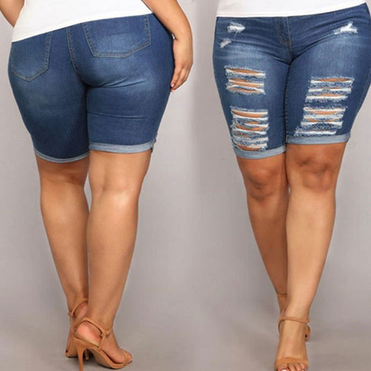 Sommer-fette Frauen-Jeans plus Größen-zerrissene Damen-Hosen