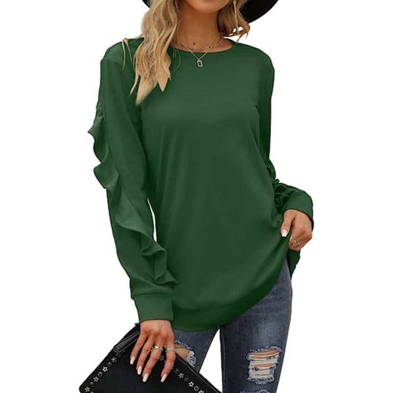 Autumn And Winter New Style Women's Casual Round Neck Sweater Pleated Long Sleeve Blouse