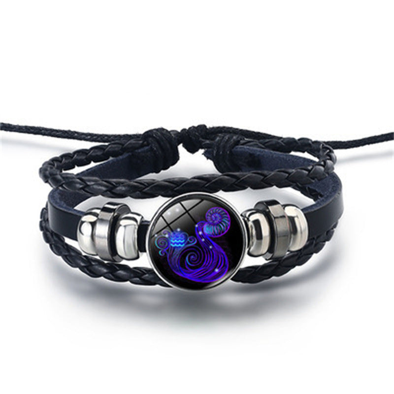 12 Constellations Beaded Glow Leather Bracelet Glass Alloy Multilayer Handwoven 12 Constellations Bracelet