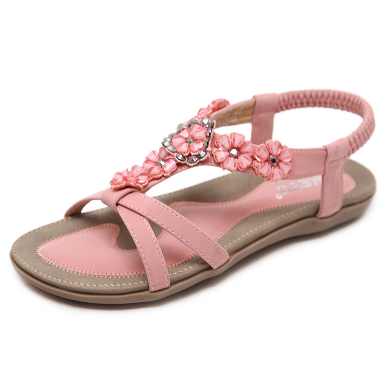 Sommer süße Sandalen Damen böhmische Blume Strass große flache Schuhe Strandschuhe 