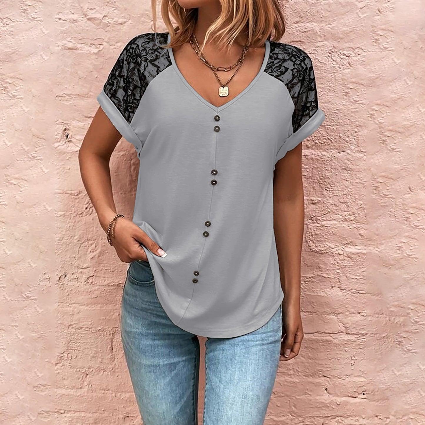 Women's T-Shirt Lace Stitching V-neck Top With Button Casual Summer Short Sleeve Pullover Shirt