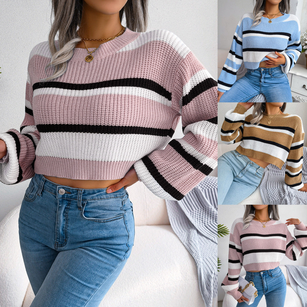 Ins Style Autumn And Winter Casual Striped Long-Sleeved Open-Neck Knit Sweater