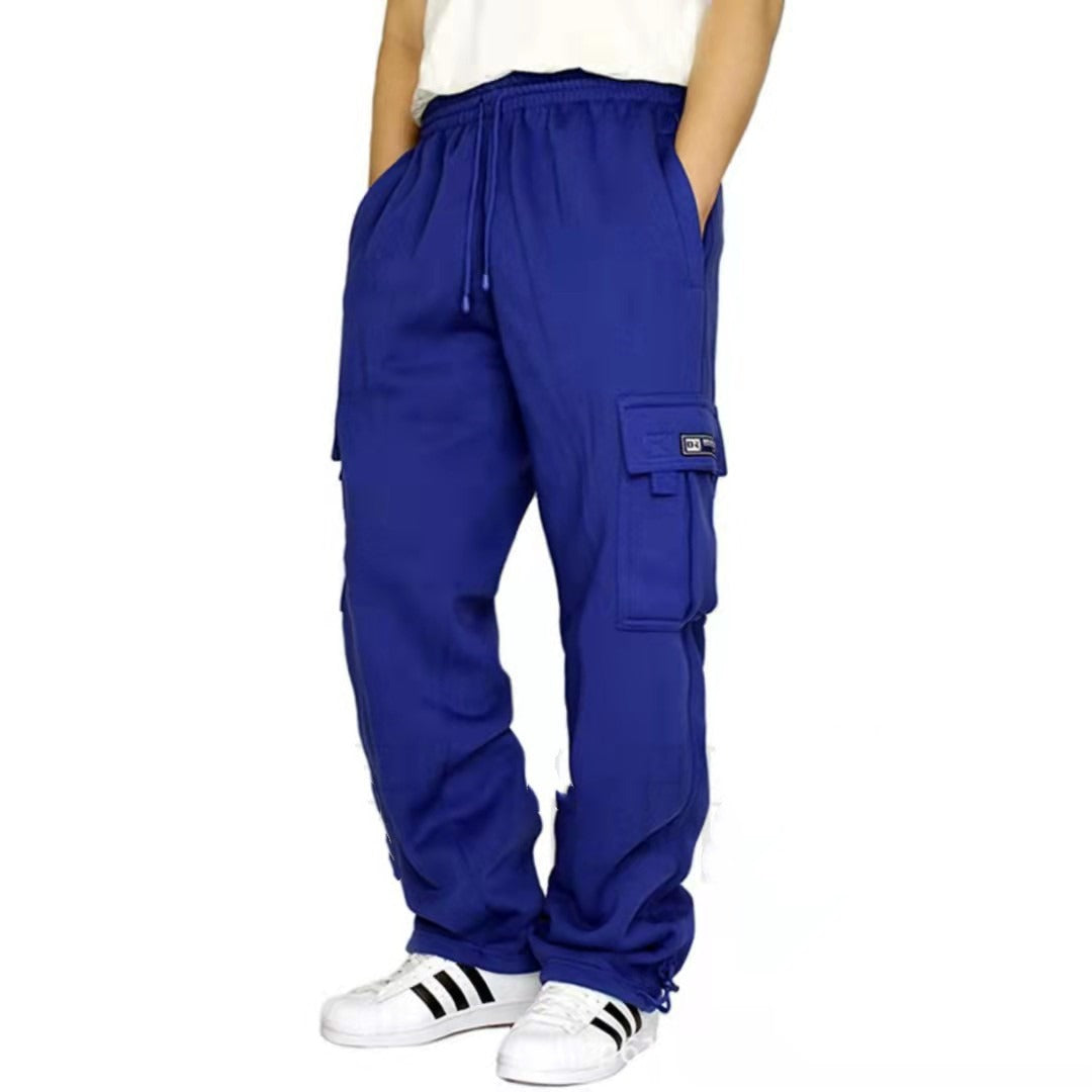 New Style Sports Casual Trousers Plush Binding Feet Multi Pocket Lanyard Men's Loose Overalls Pants