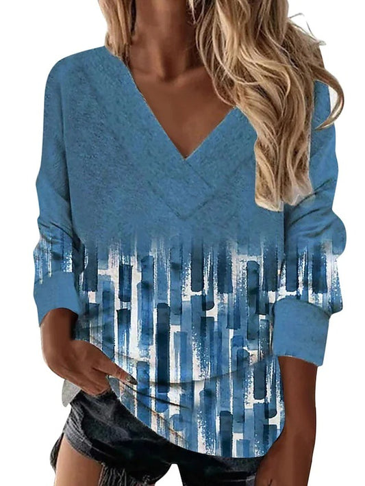 Women's Retro Geometric Printing Ethnic Style V Neck Long Sleeved Loose T Shirt Top For Women