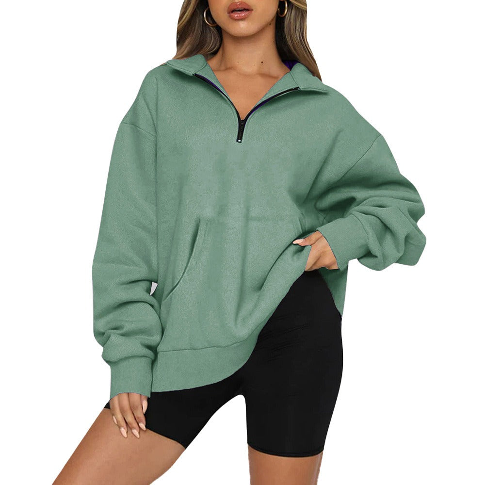 Women's New Pocket Top Half Zipper Pullover Long Sleeve Sweatshirt Sweater