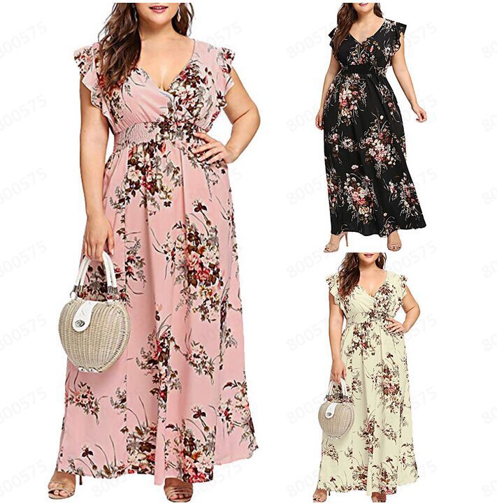 Women's Short-sleeved Deep V-neck Plus Size Women's Clothing Dress