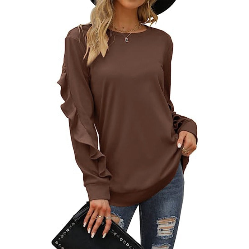 Autumn And Winter New Style Women's Casual Round Neck Sweater Pleated Long Sleeve Blouse