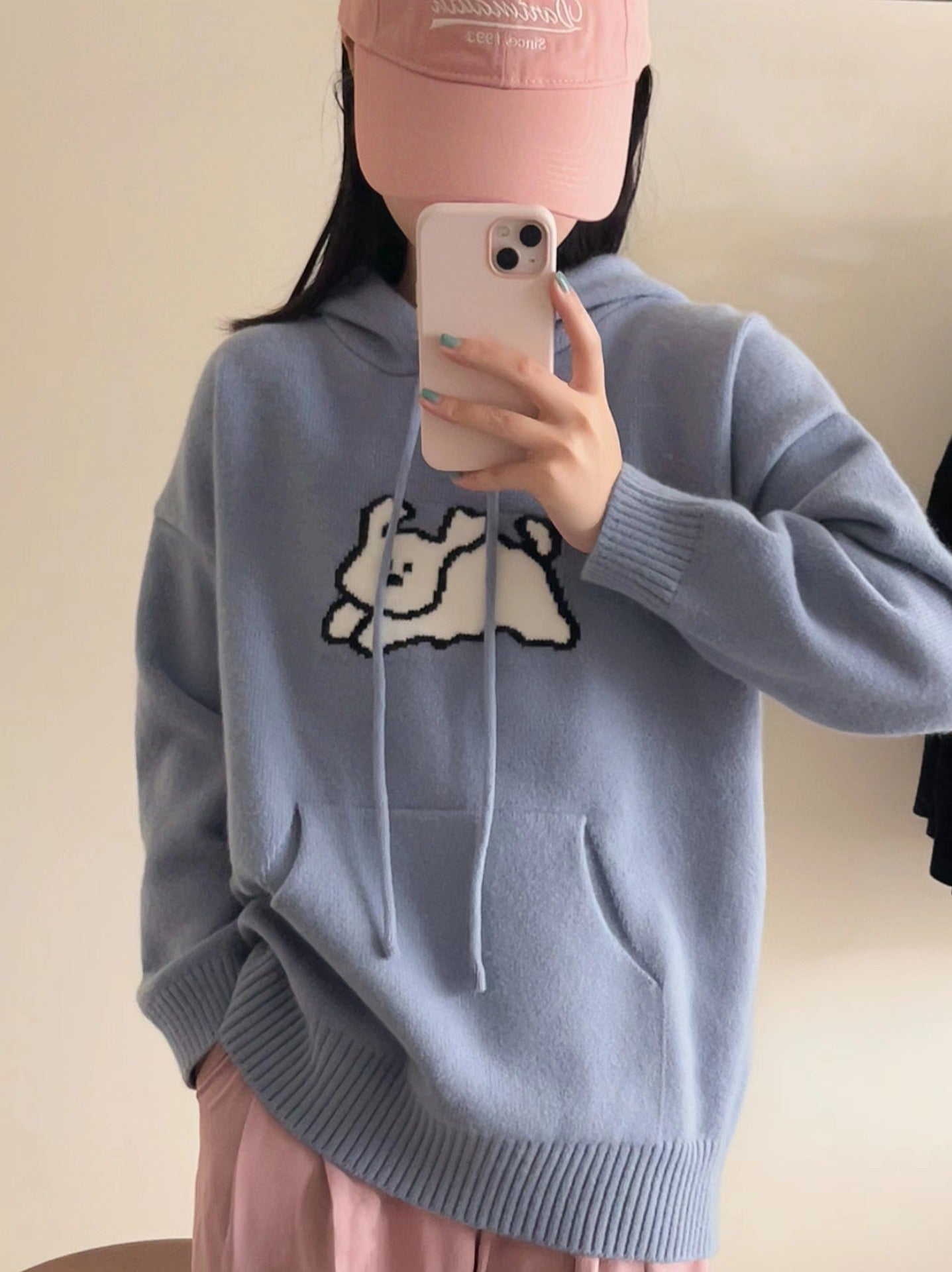 Cute Cartoon Hooded Sweater Knitted Sweater Spring And Autumn New Loose Pockets Overlapping Tops Temperament Sweater