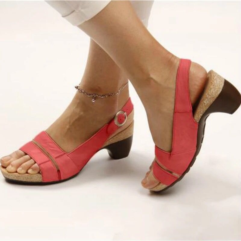 Summer New Women's Shoes Solid Color Coarse Heel Buckle Sandals 35-43 Plus Size Shoes