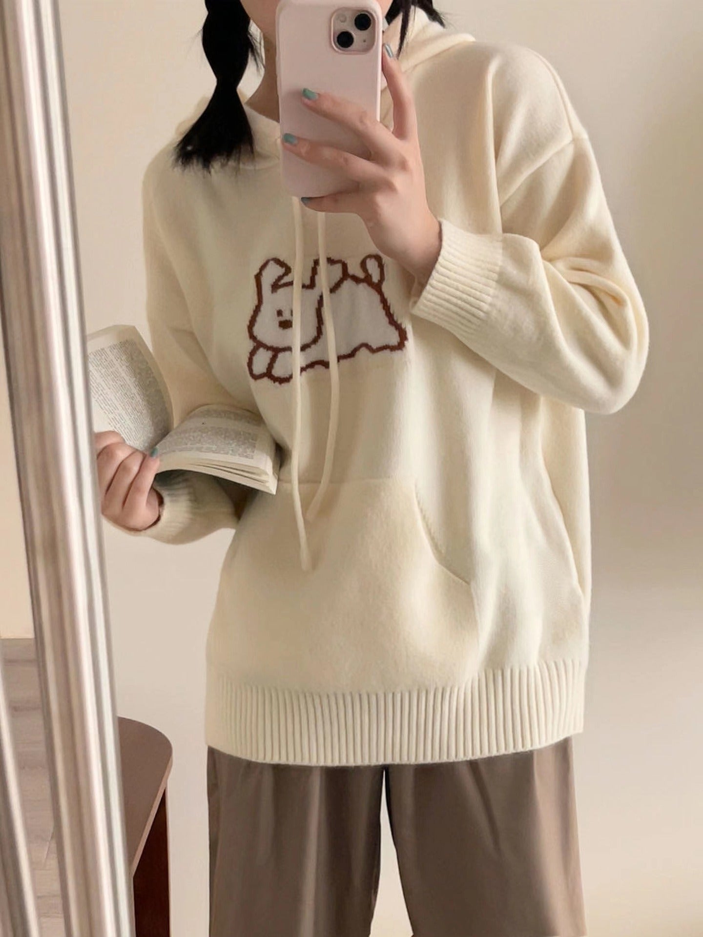 Cute Cartoon Hooded Sweater Knitted Sweater Spring And Autumn New Loose Pockets Overlapping Tops Temperament Sweater