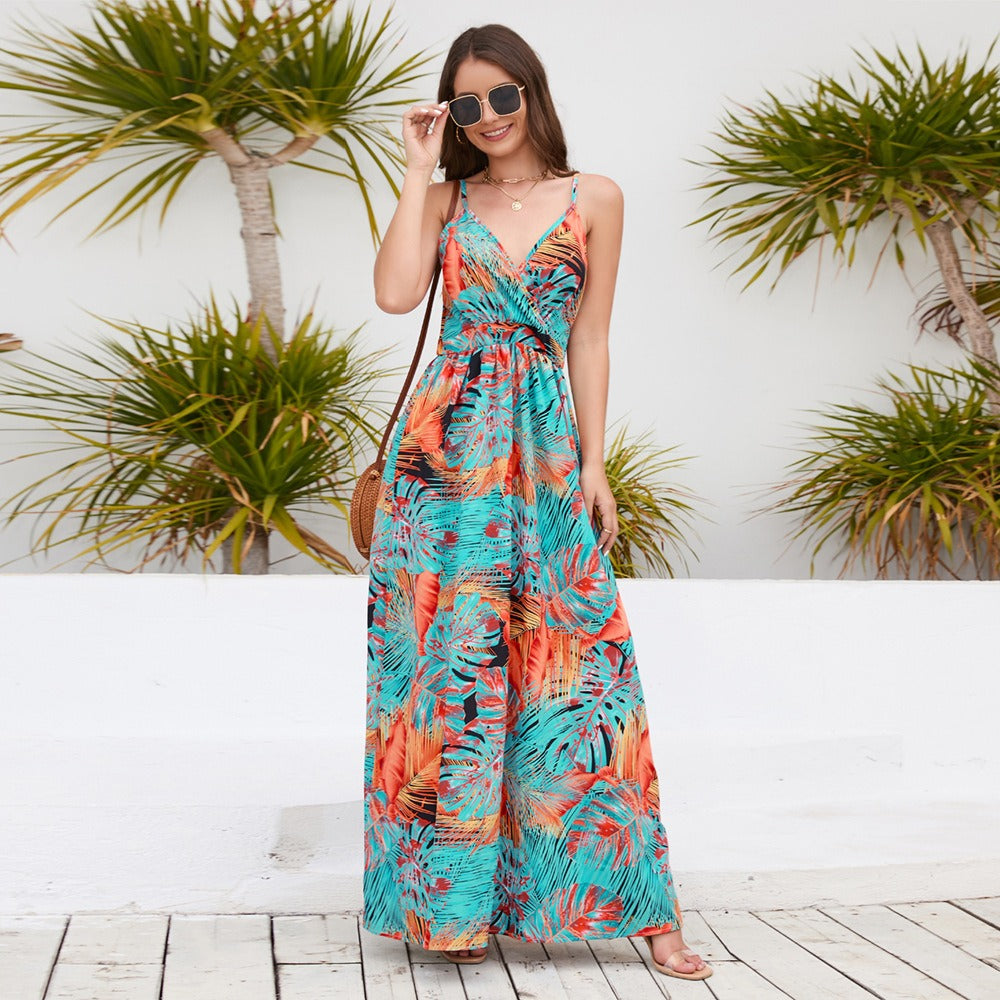 Women's New Bohemian Print Dress Long Sexy V-Neck Halter Dress