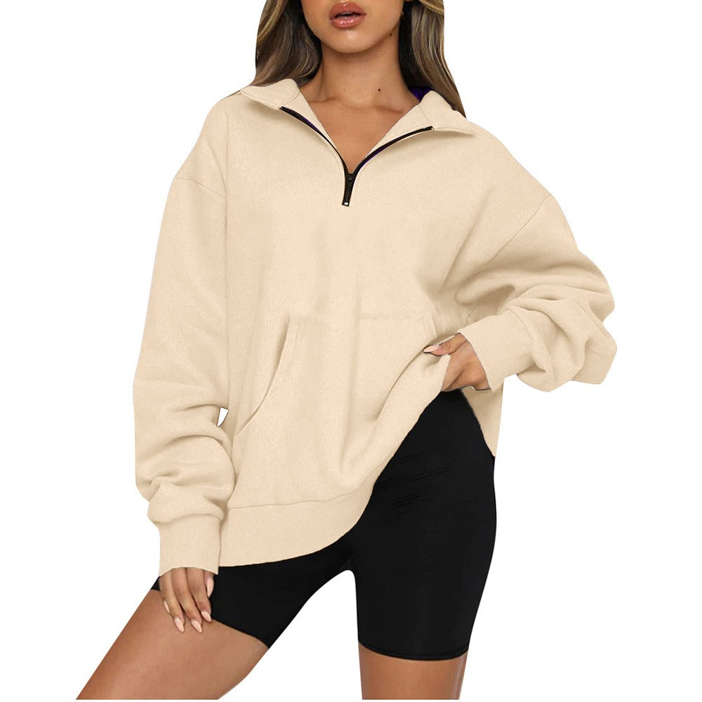 Women's New Pocket Top Half Zipper Pullover Long Sleeve Sweatshirt Sweater