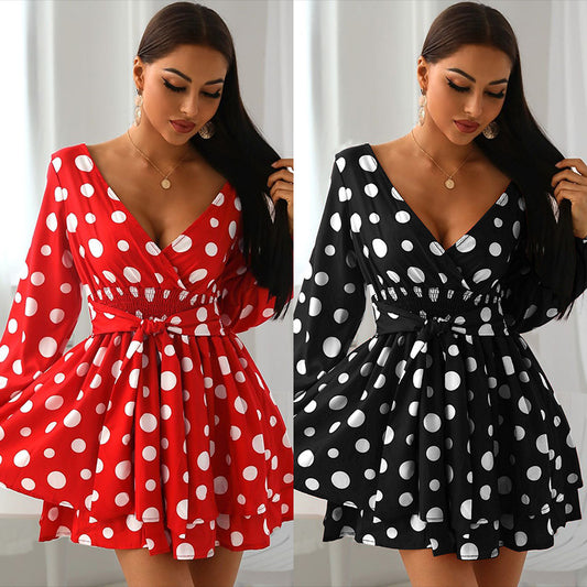 Popular New Waist V-Neck Polka Dot Polka Dot Mini Dress