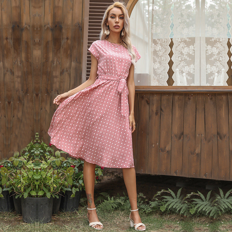 Summer Ladies Midi Dress Short Sleeve Fashion Polka Dot Pleated Dress