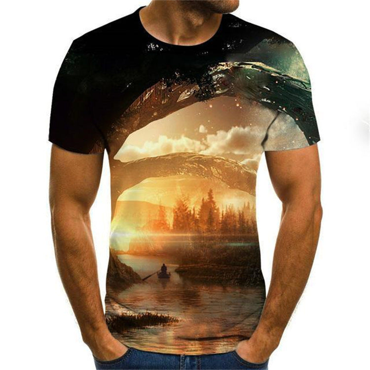 Men's Fashion Loose 3D Printing Sports Short Sleeve Loose T-shirt