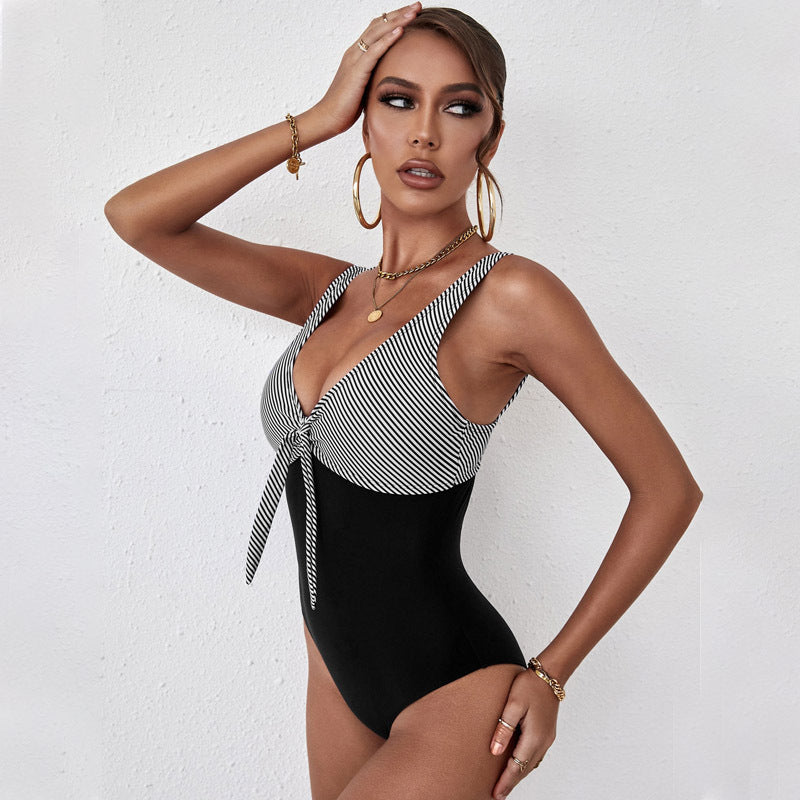 Summer new swimsuit women leopard print mesh stitching sexy V neck halterneck one piece swimsuit