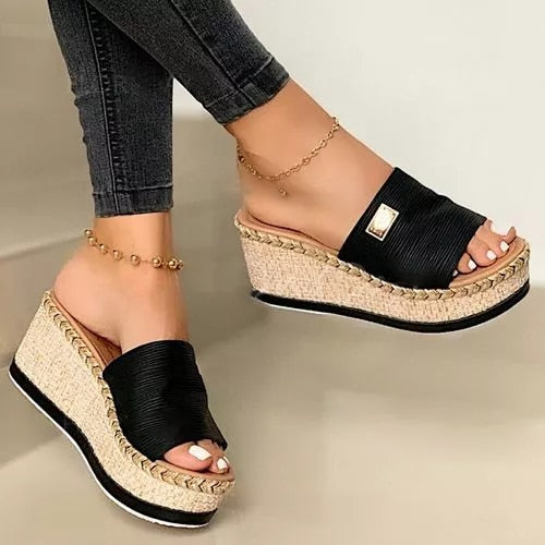 Puimentiua Platform Wedges Slippers Women Sandals New Female Shoes Fashion Heeled Shoes Casual Summer Slides Slippers Women