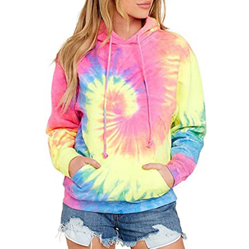 Spring, Autumn and Winter New Women's Top Tie Dyed Hooded Long Sleeve Pocket Guards