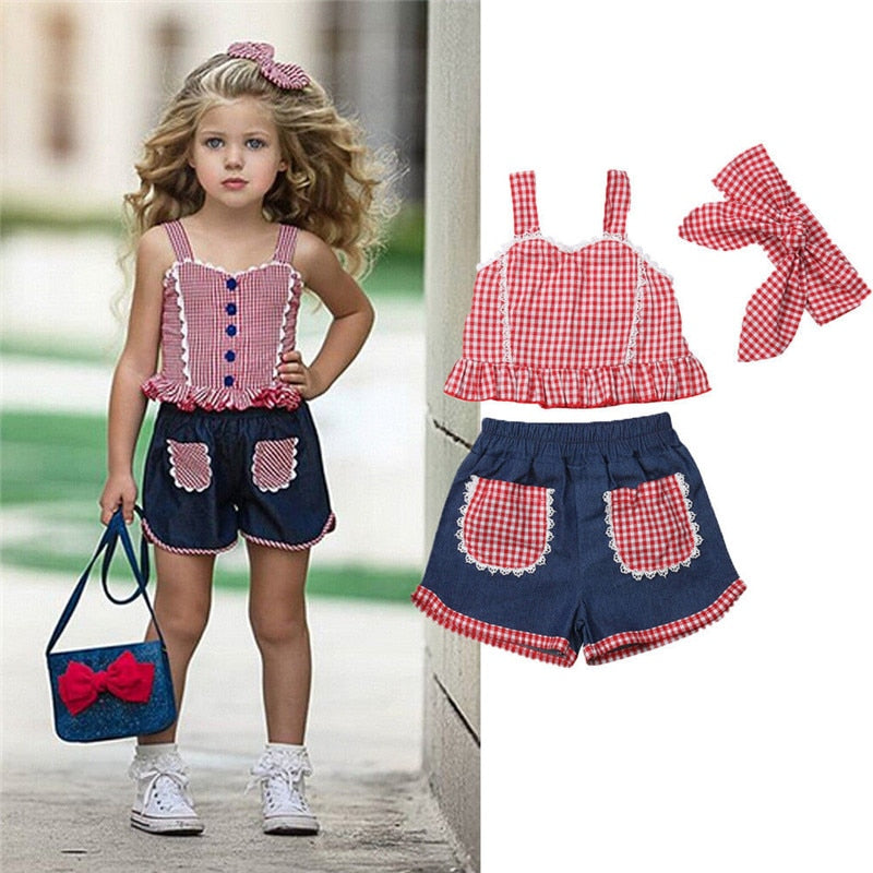 Children girls clothes roupas infantis menina  Summer Girl Outfits teenage girls clothing Crop Top Denim Shorts Headband